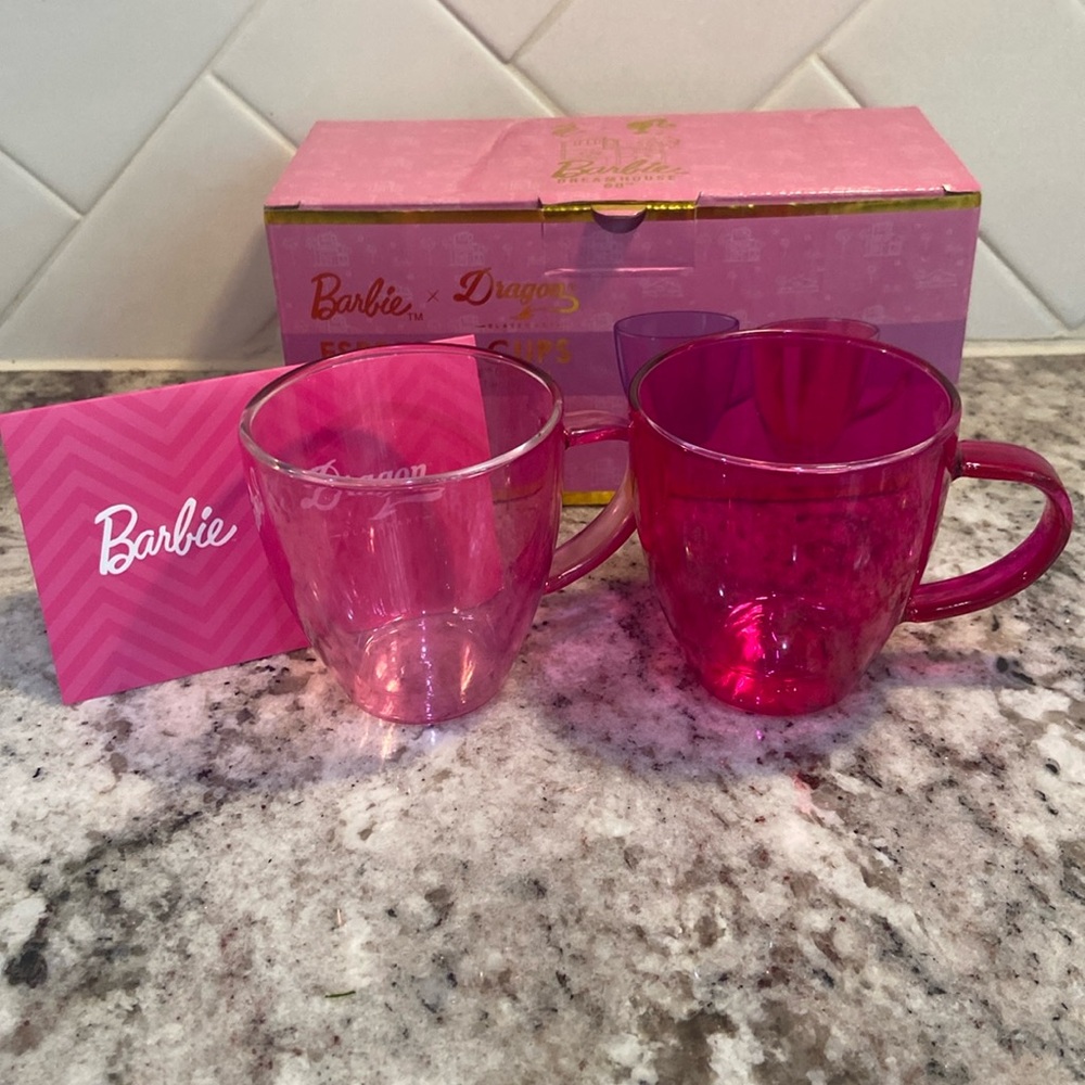 BARBIE DRAGON GLASSWARE Expresso Cups Barbie Dreamhouse Collection Set NEW PINK